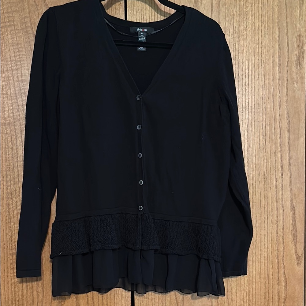 Style & Co Black Long Sleeve Ruffled Cardigan